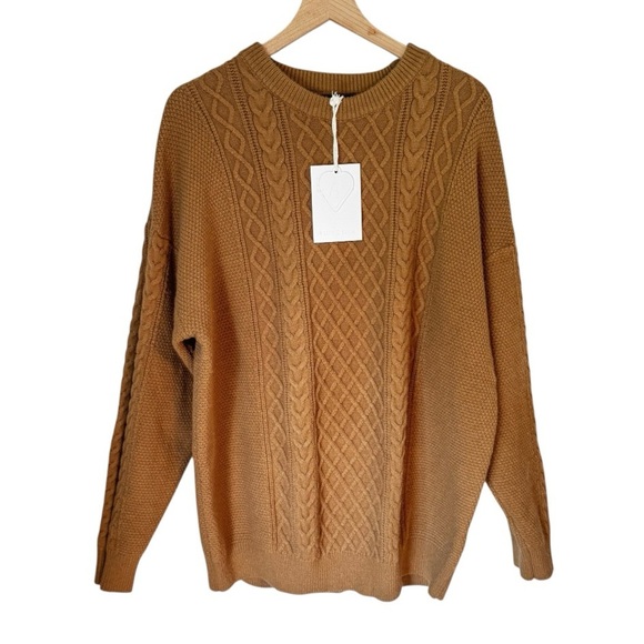 NWT Aelfric Eden Men’s Oversized Chunky Brown Cable Knit Fisherman Sweater Sz L - Picture 1 of 10